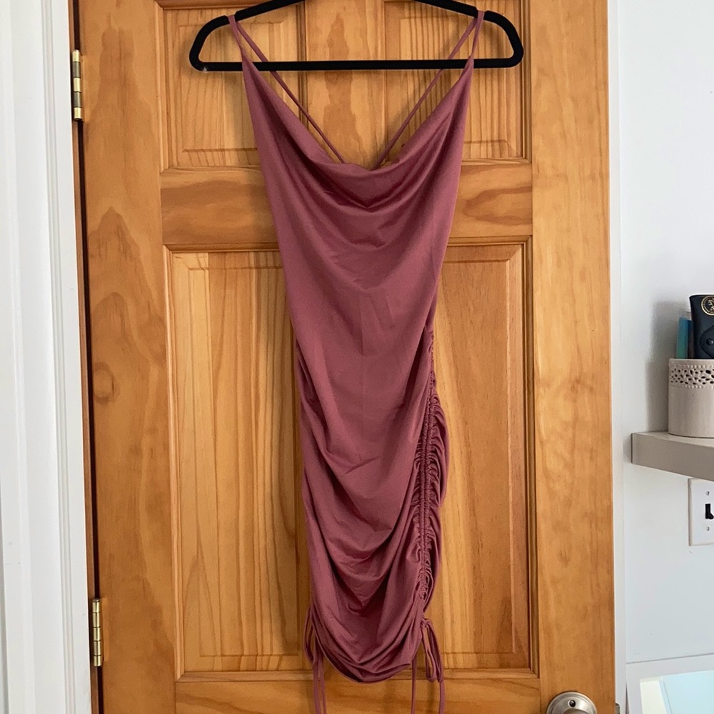Midi dress ruched sides slouched neck line